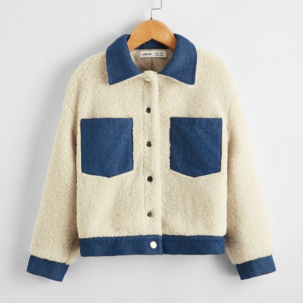 

Girls Pocket Front Colorblock Teddy Jacket, Beige