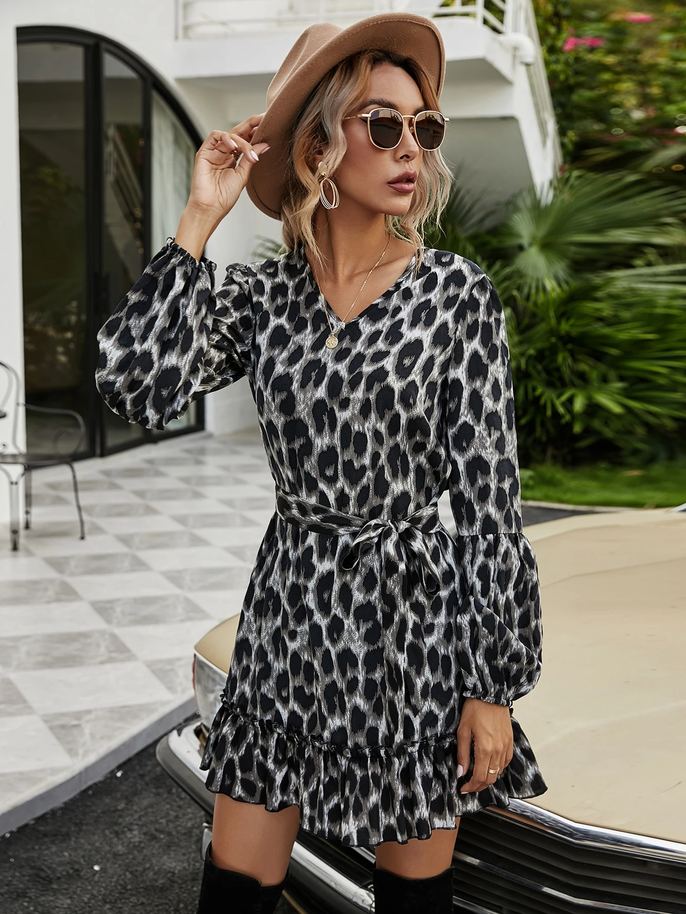 grey and black leopard print dress Steal The Spotlight Leopard Slit Midi Dress main image 0