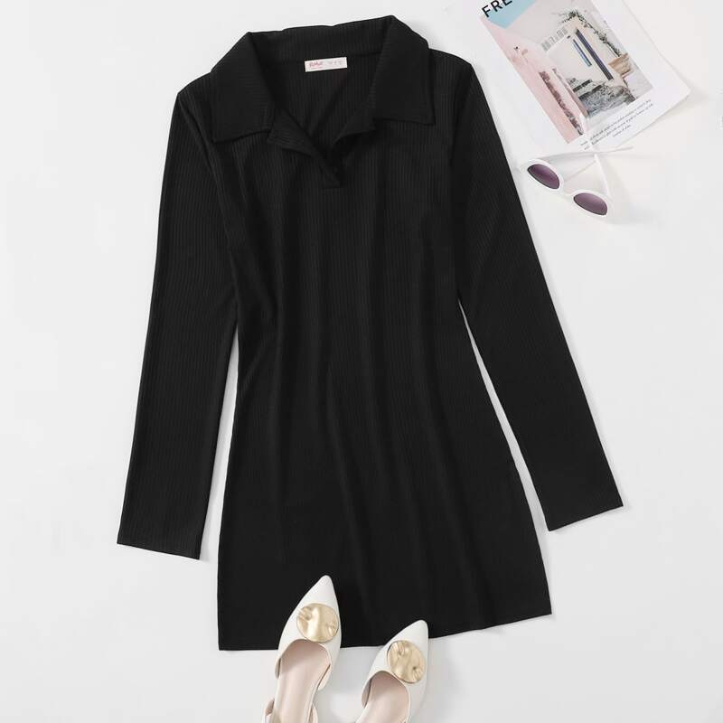 

Solid Ribbed Tee Dress, Black