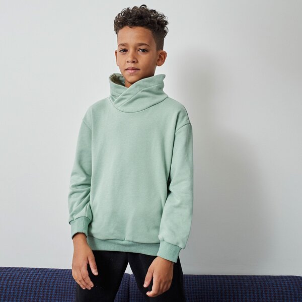 

Boys Funnel Neck Drop Shoulder Solid Pullover, Mint green