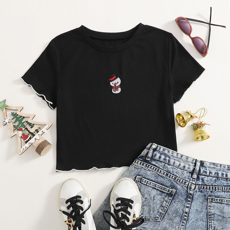 

Christmas Snowman Embroidery Crop Tee, Black