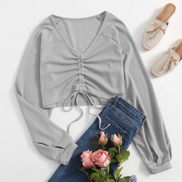 

V-neck Drawstring Front Crop Top, Grey
