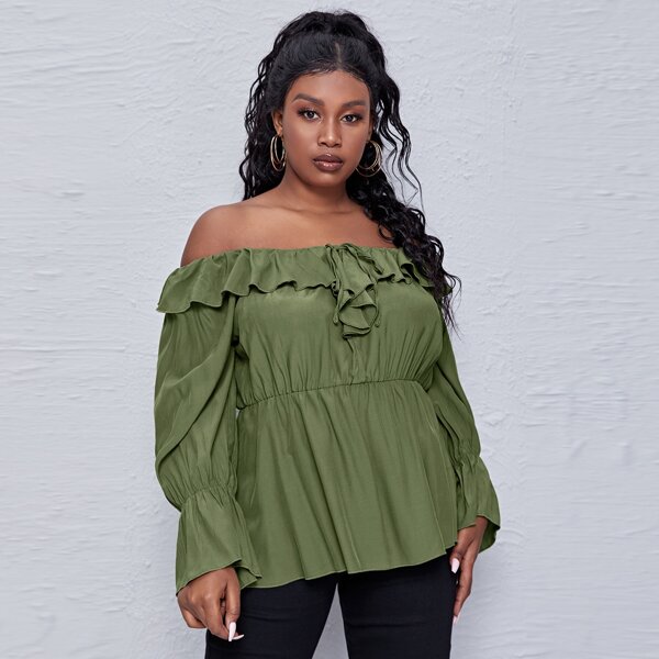 

Plus Bardot Ruffle Babydoll Blouse, Army green