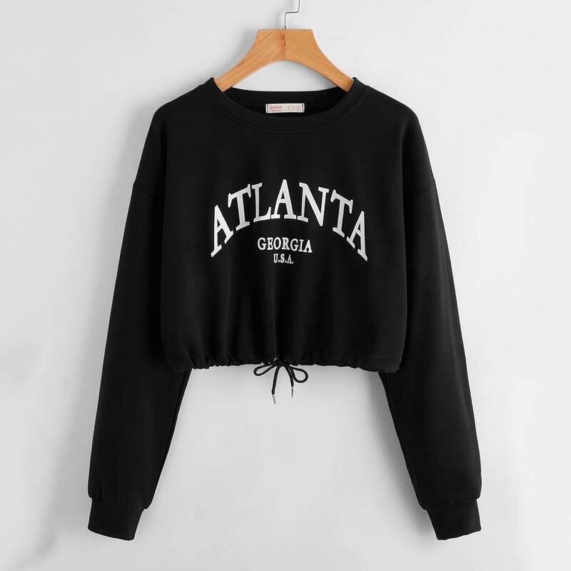

Letter Drawstring Crop Sweatshirt, Black