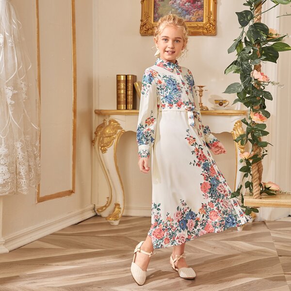 

Girls Floral Button Up Belted Shirt Dress, Multicolor