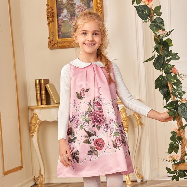 

Girls Peter Pan Collar Floral Satin Dress, Baby pink