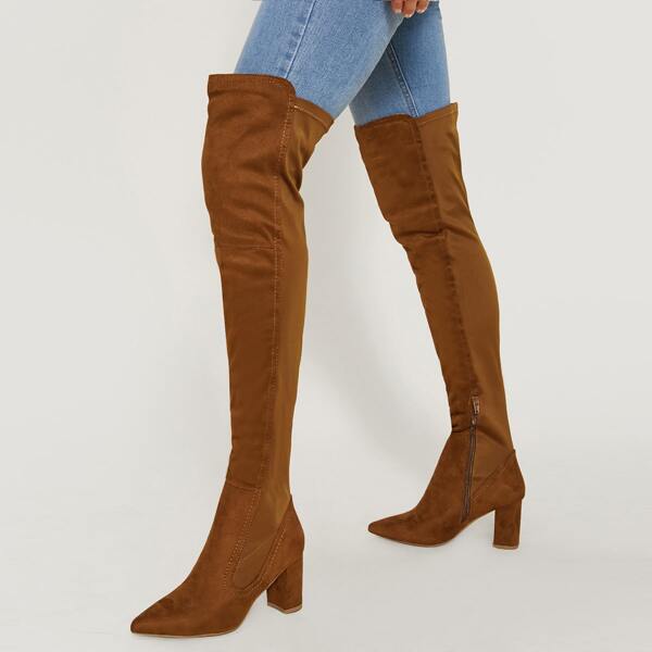 

Vegan Suede Knee-High Zippered Booties, Brown