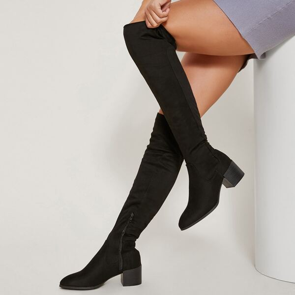 

Faux Suede Over-the-Knee Stacked Heel Boots, Black