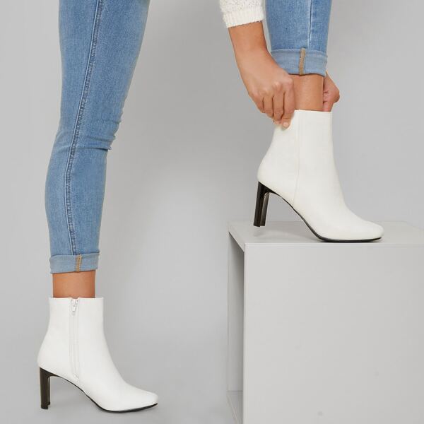 

Vegan Leather Zippered High Heel Booties, White
