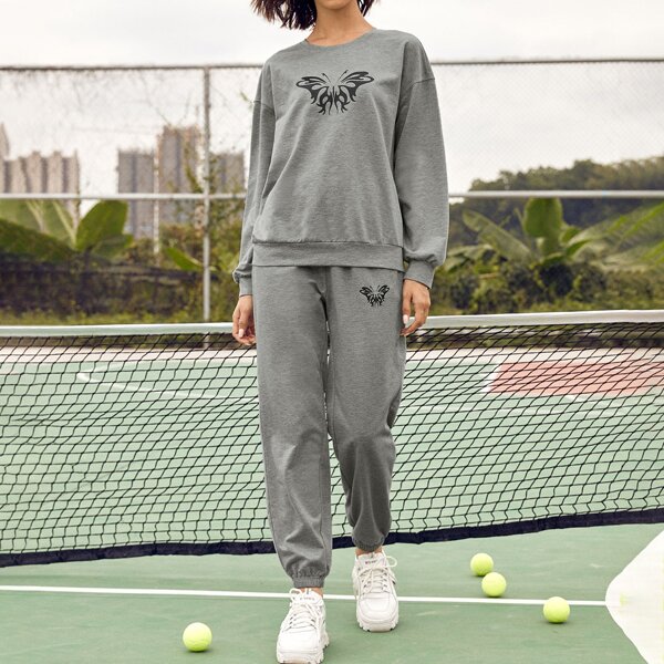 

Butterfly Print Drop Shoulder Pullover and Sweatpants Set, Grey