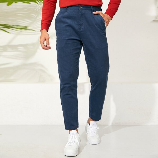 

Men Letter Patched Corduroy Pants, Navy blue