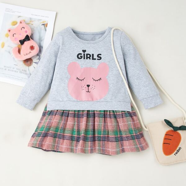 

Baby Girl Cartoon And Plaid Combo Sweatshirt Dress, Multicolor