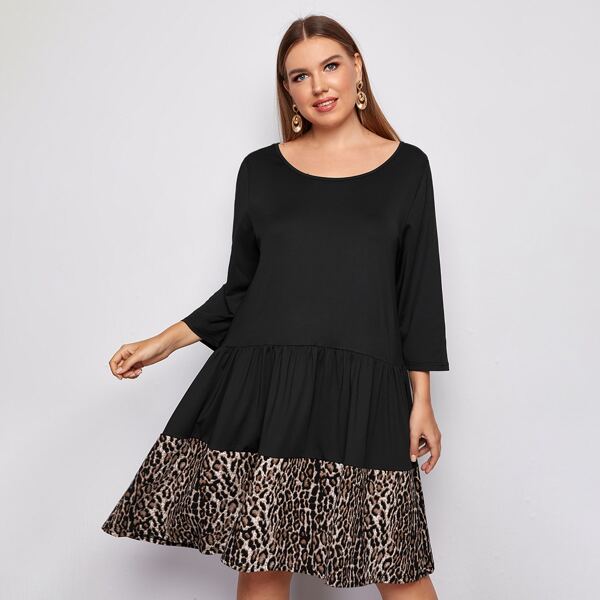 

Plus Contrast Leopard Hem Smock Dress, Black