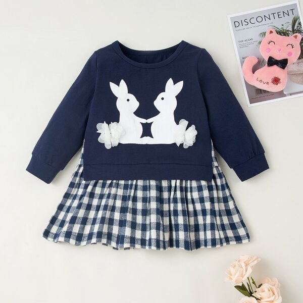 

Baby Girl Cartoon And Gingham Appliques Sweatshirt Dress, Navy blue