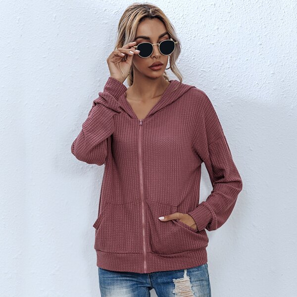 

Zip Up Waffle Knit Hooded Jacket, Dusty pink