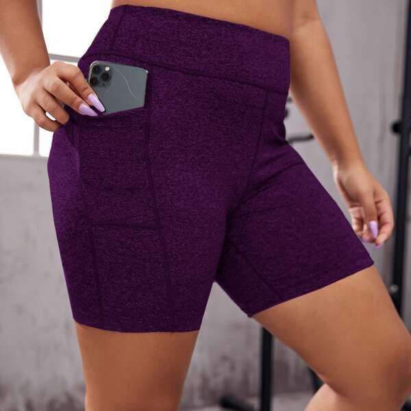 

Plus Solid High Waist Sports Shorts With Phone Pocket, Purple