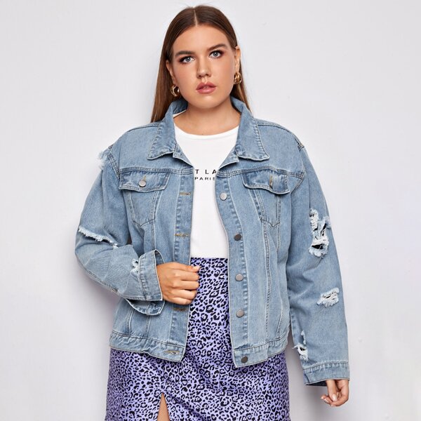 

Plus Button Front Ripped Denim Jacket, Light wash