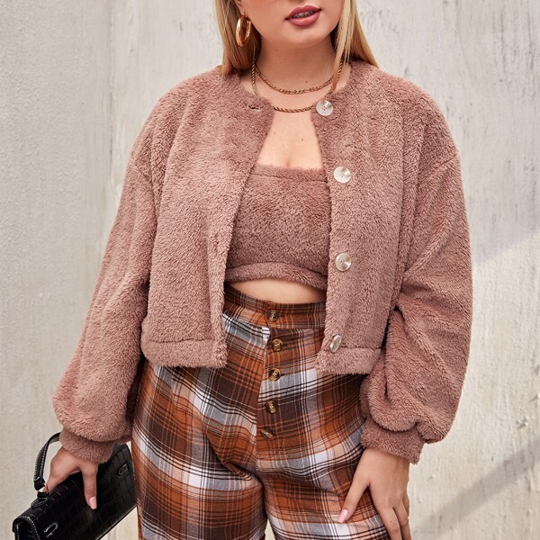 

Plus Teddy Tube Top & Button Front Jacket, Dusty pink