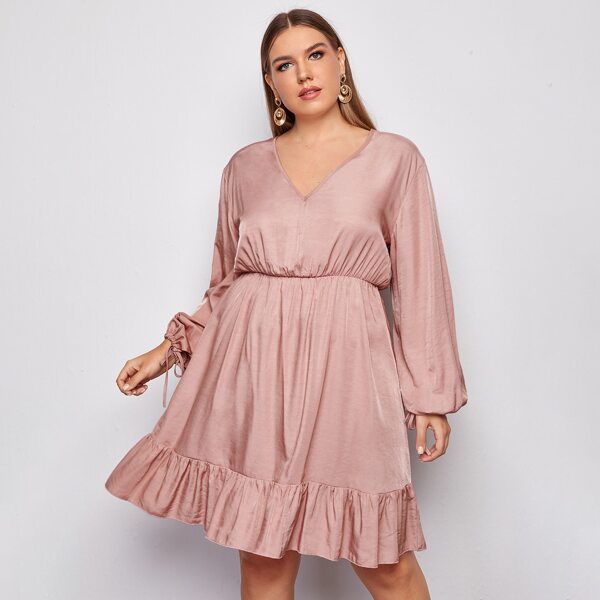 

Plus V Neck Ruffle Hem A-Line Dress, Dusty pink