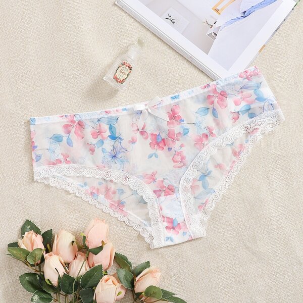 

Plus Floral Print Mesh Lace Trim Panty, Multicolor