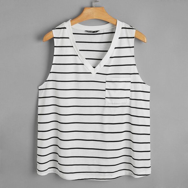 

Plus V-neck Striped Tank Top, White