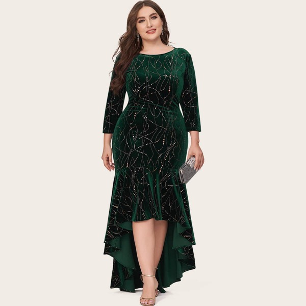 

Plus Geo Print High Low Velvet Prom Dress, Dark green