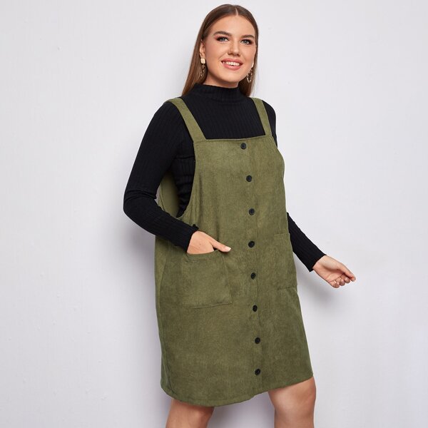 

Plus Button Front Corduroy Overall Dress, Army green