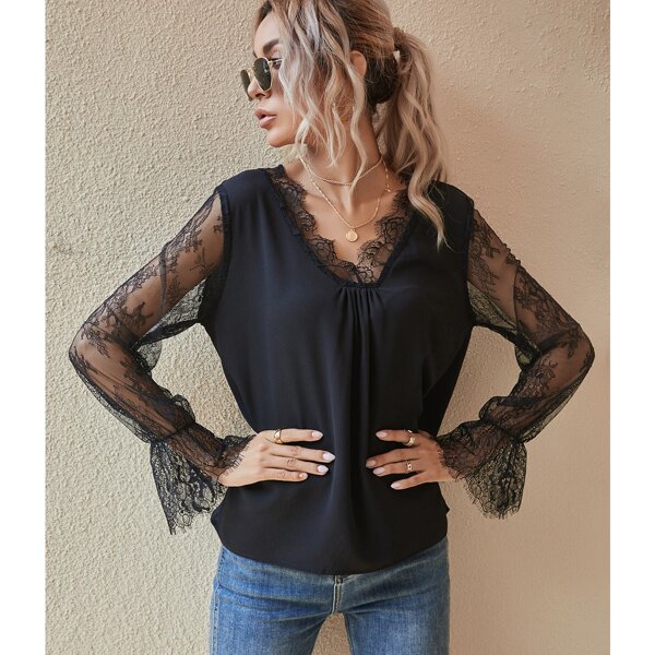 

Solid Contrast Lace Flounce Sleeve Blouse, Black
