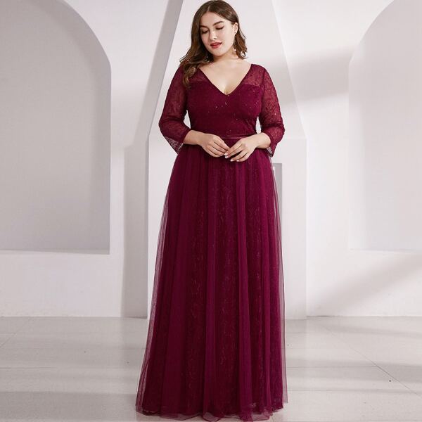 

Plus Double V Neck Lace Mesh Overlay Prom Dress, Burgundy