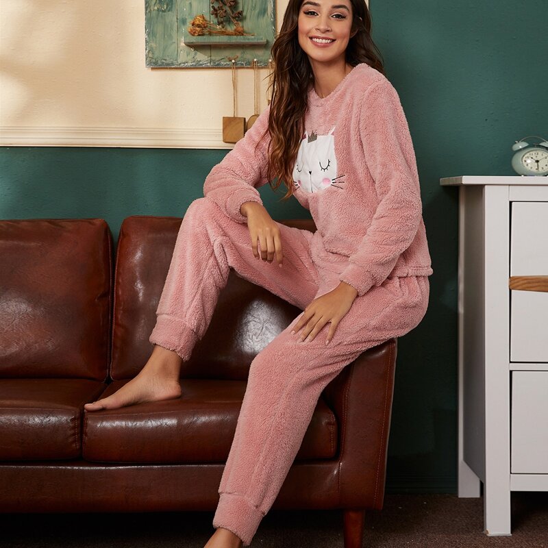

Cartoon Graphic Slant Pocket Flannel Pajama Set, Dusty pink