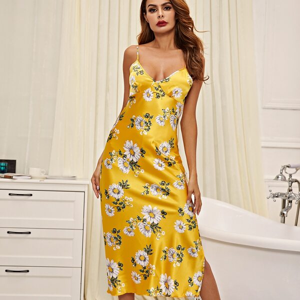 

Daisy Print Split Thigh Cami Satin Night Dress, Mustard yellow