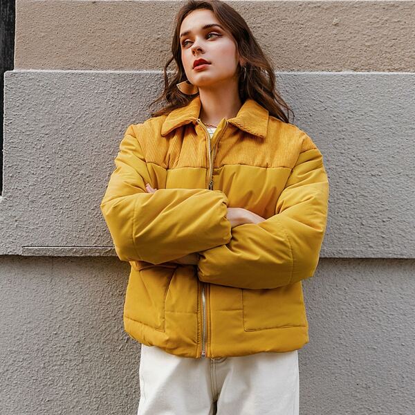 

Zip Up Contrast Cord Puffer Jacket, Mustard yellow