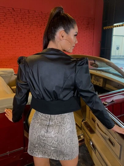D&M Slim Fit Metallic Zipper Gigot Sleeve PU Leather Cropped Fall Women Jacket Black