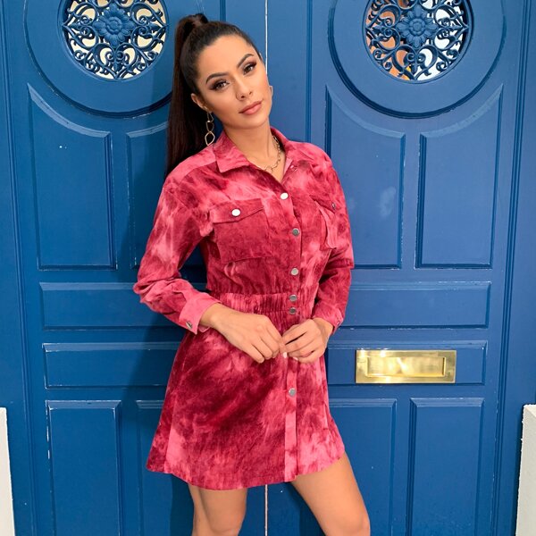 

Patch Pocket Cut Out Tie Dye Dress, Rose red