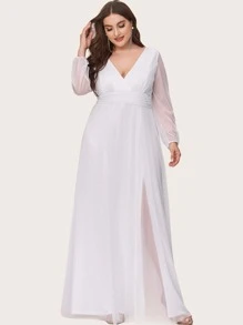 EVERPRETTY Vestido de novia de cintura con fruncido bajo con abertura maxi - Blanco - Ver 3