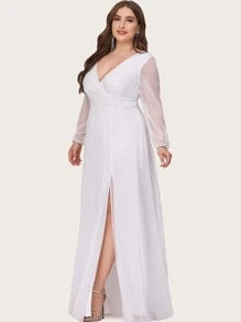 EVERPRETTY Vestido de novia de cintura con fruncido bajo con abertura maxi - Blanco - Ver 4