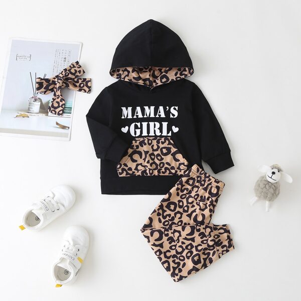 

Baby Girl Letter Graphic Hoodie & Leopard Pants & Headband, Multicolor