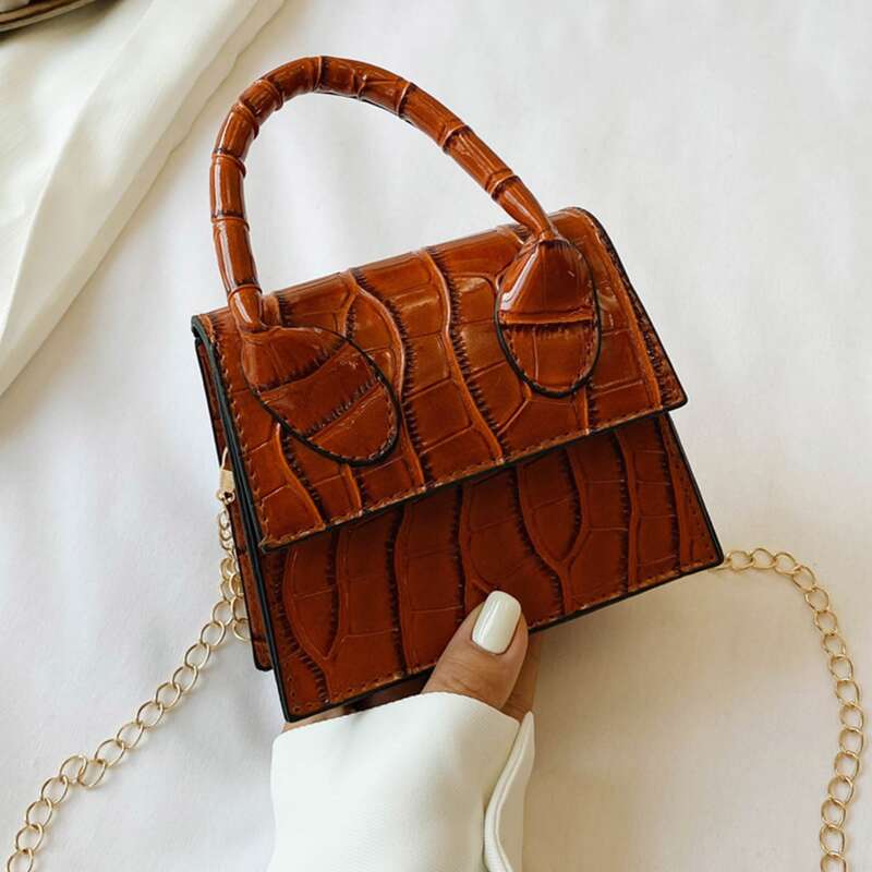 

Croc Embossed Mini Satchel Bag, Brown