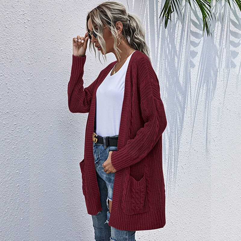 

Pocket Patched Cable Knit Cardigan, Maroon