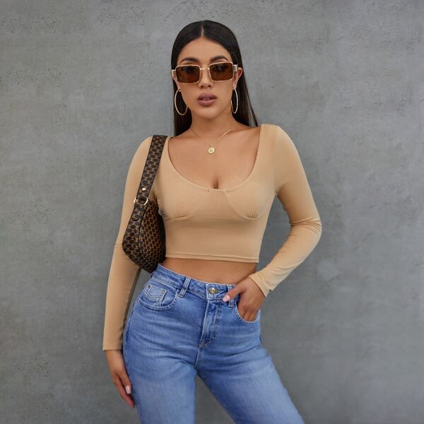 

Scoop Neck Rib-knit Crop Bustier Tee, Camel