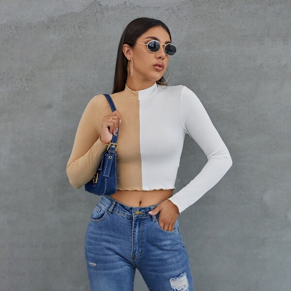 

Mock Neck Lettuce Trim Rib-knit Colorblock Crop Tee, Multicolor