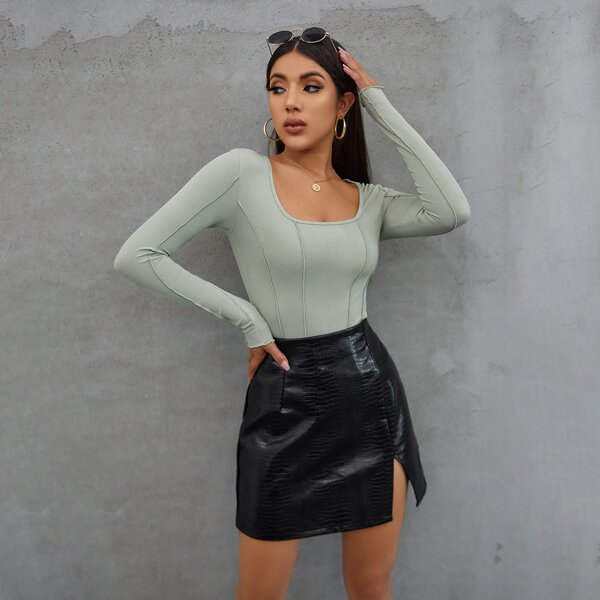 

Seam Front Rib-knit Crop Tee, Pastel mint green