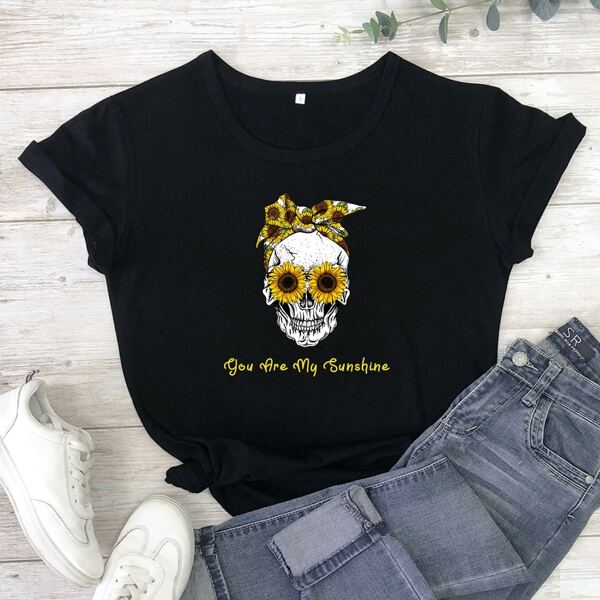 

Skull & Sunflower Print Round Neck Tee, Black