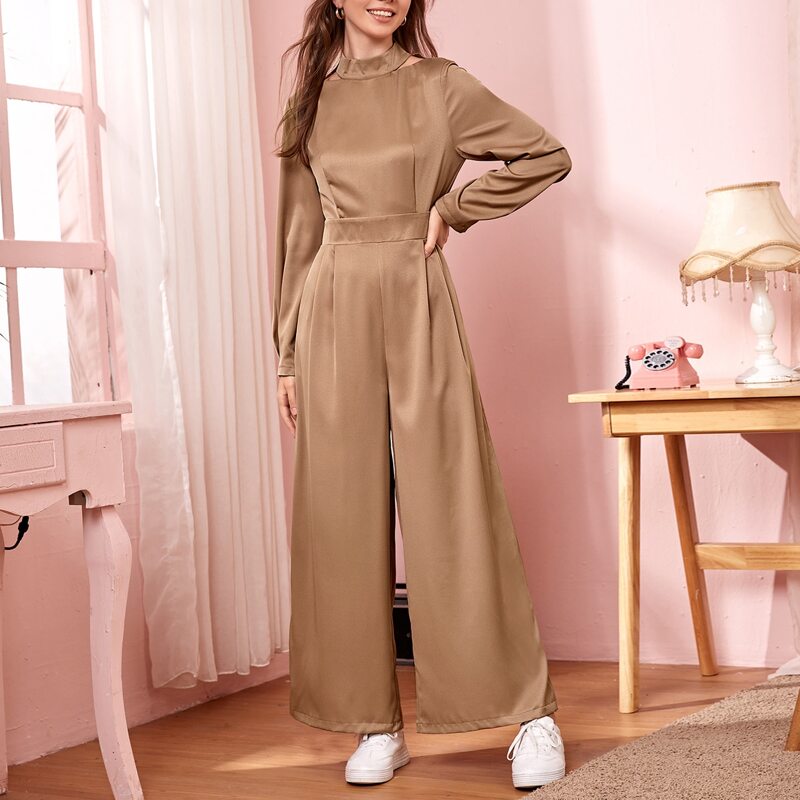 

Zipper Back Mock Neck Satin Jumpsuit, Brown
