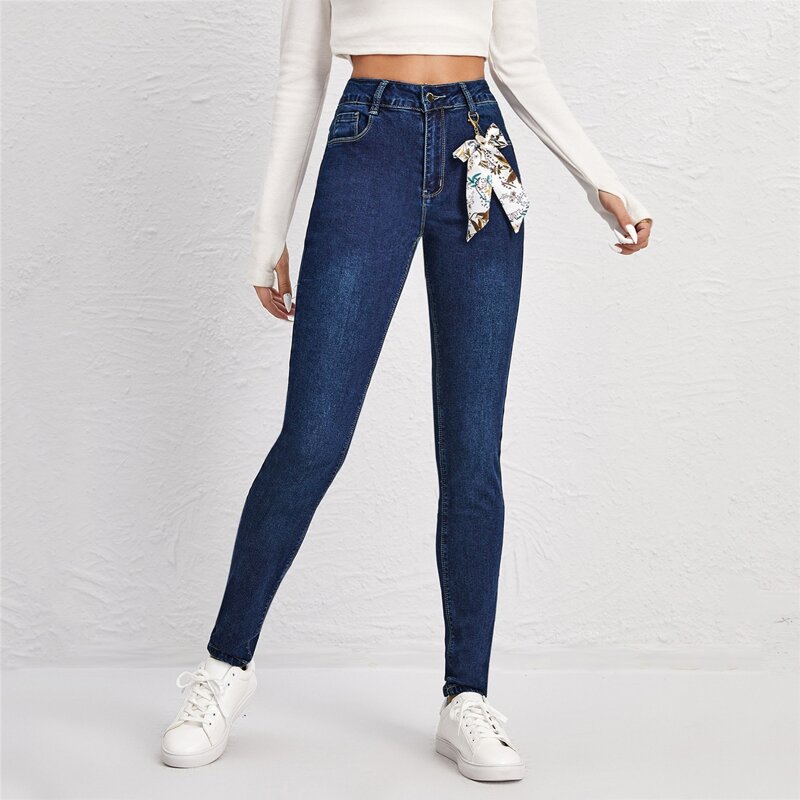 

High Waist Bow Detail Skinny Jeans, Medium wash