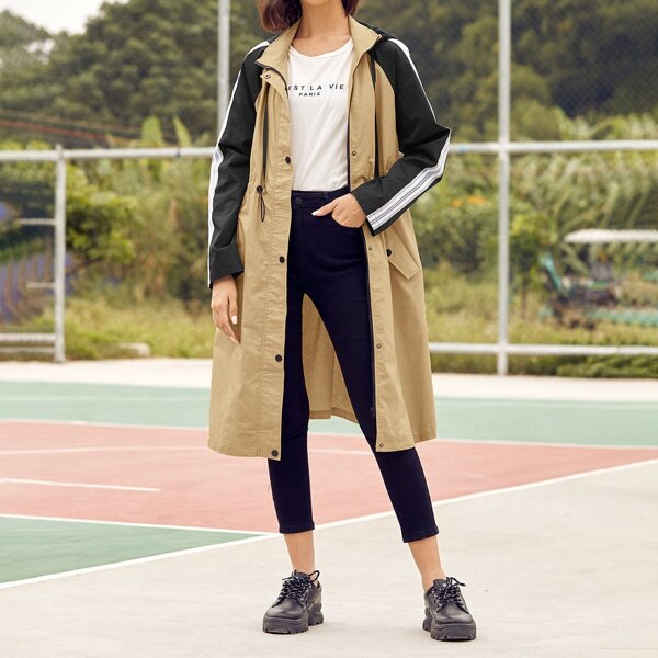 

Drawstring Waist Striped Colorblock Hooded Coat, Khaki