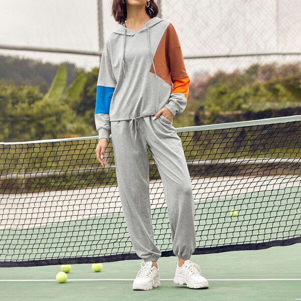 

Drawstring Hem Colorblock Hoodie & Sweatpants Set, Grey