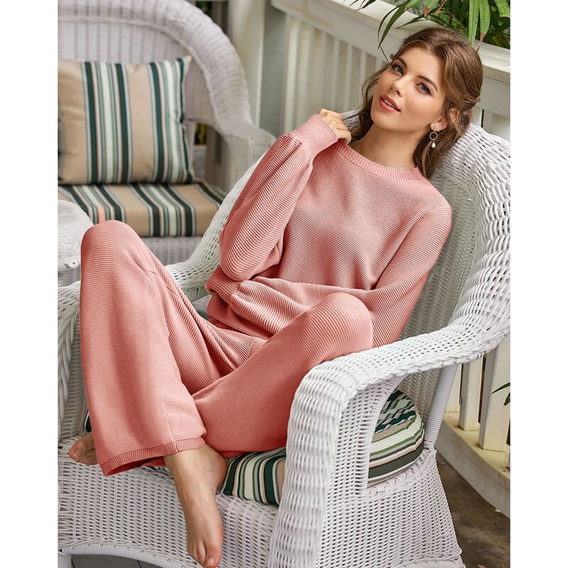 

Solid Ribbed Sweater With Knit Pants, Coral pink