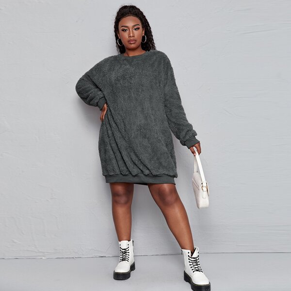 

Plus Solid Drop Shoulder Teddy Sweatshirt Dress, Dark grey