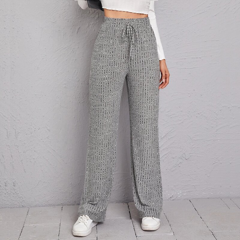 

Knot Front Rib-Knit Straight Leg Pants, Grey